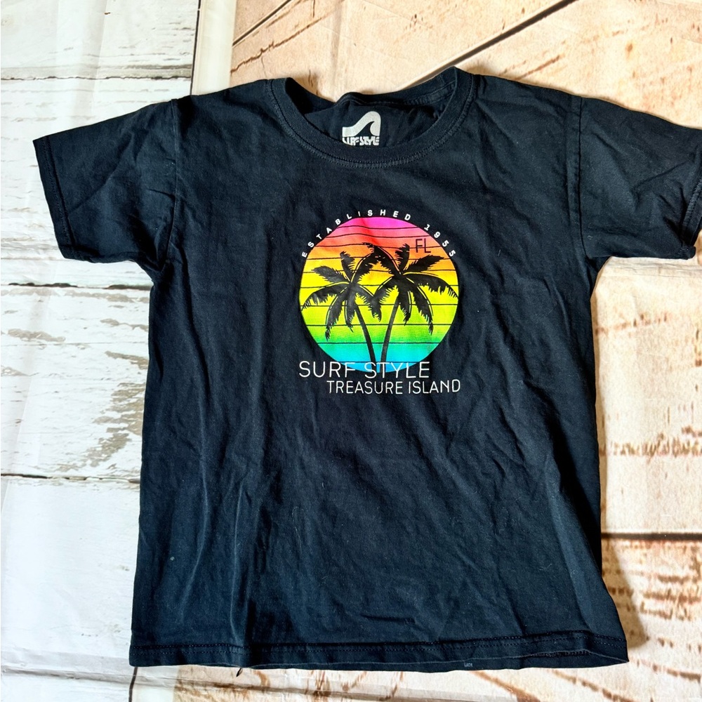 surf style Black Kids Tee with Rainbow Palm Circle Graphic